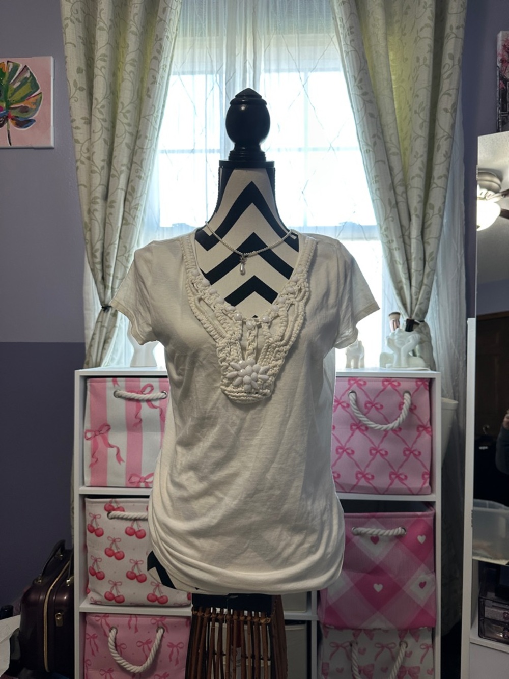 Talbots White Crochet Detail V-Neck Top S